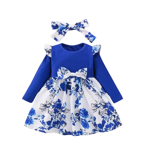 The Galilea - Baby Girl Blue Floral Dress Bow & Headband Long Sleeve Autumn Outfit