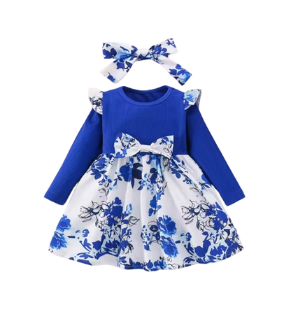 The Galilea - Baby Girl Blue Floral Dress Bow & Headband Long Sleeve Autumn Outfit