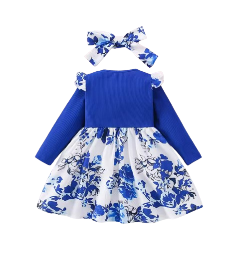The Galilea - Baby Girl Blue Floral Dress Bow & Headband Long Sleeve Autumn Outfit