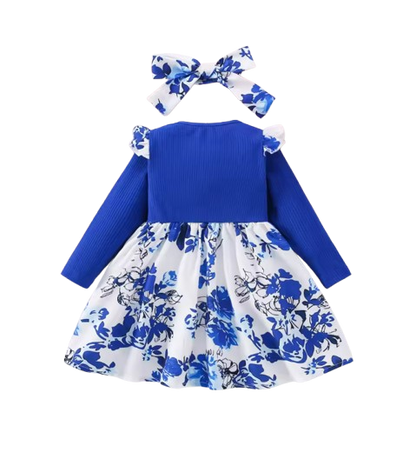 The Galilea - Baby Girl Blue Floral Dress Bow & Headband Long Sleeve Autumn Outfit