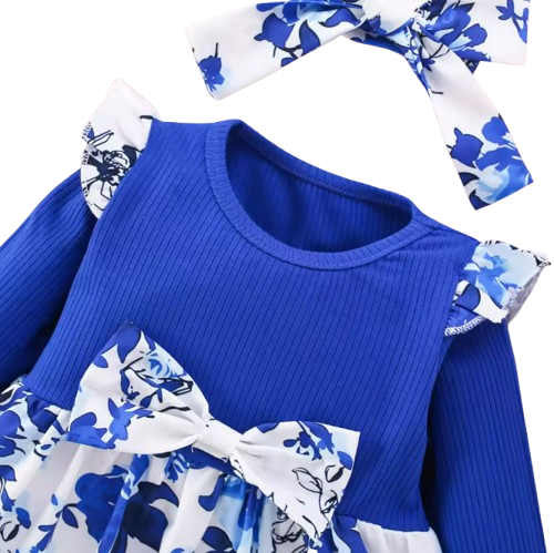 The Galilea - Baby Girl Blue Floral Dress Bow & Headband Long Sleeve Autumn Outfit