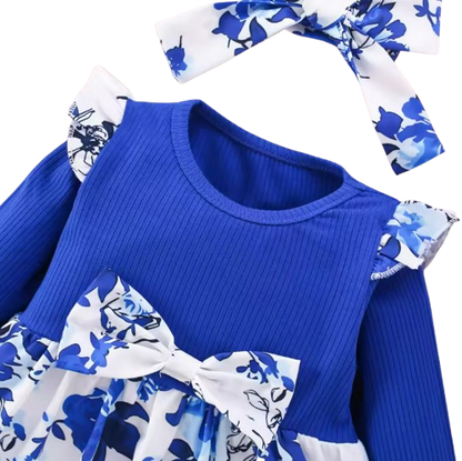 The Galilea - Baby Girl Blue Floral Dress Bow & Headband Long Sleeve Autumn Outfit