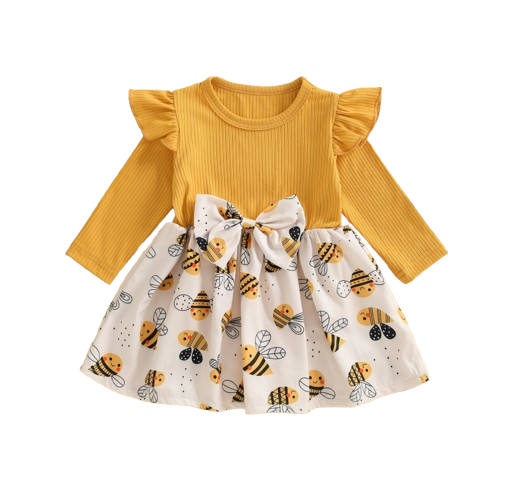 The Thalia - Baby Girl Bee Print Dress Long Sleeve Ruffle Bow Autumn Outfit