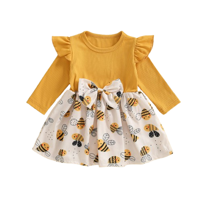 The Thalia - Baby Girl Bee Print Dress Long Sleeve Ruffle Bow Autumn Outfit