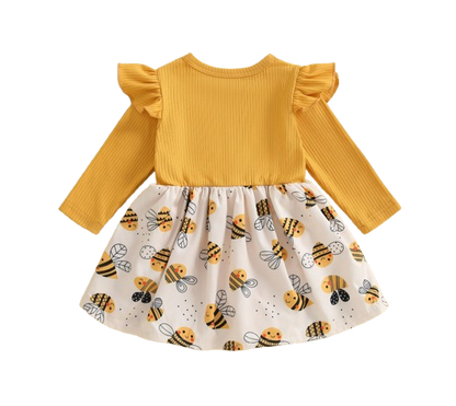 The Thalia - Baby Girl Bee Print Dress Long Sleeve Ruffle Bow Autumn Outfit