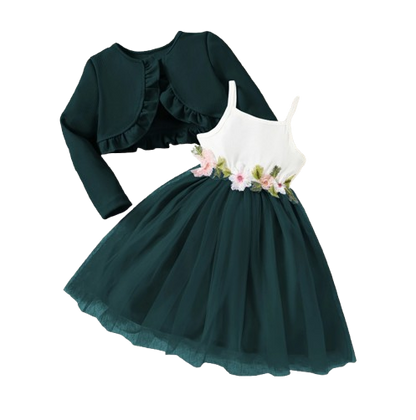 The Irene - Kids Girls Floral Embroidered Strap Dress with Knit Jacket Set