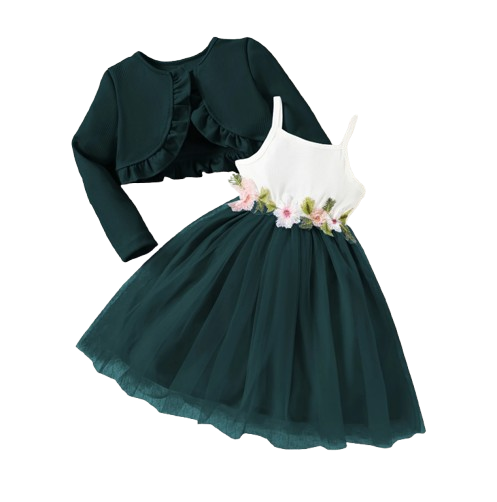 The Irene - Kids Girls Floral Embroidered Strap Dress with Knit Jacket Set