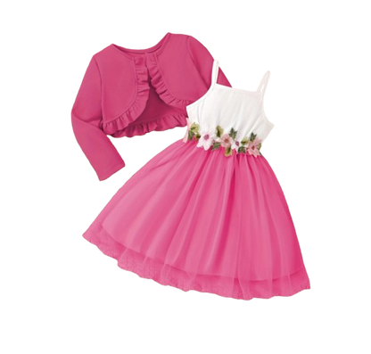 The Irene - Kids Girls Floral Embroidered Strap Dress with Knit Jacket Set