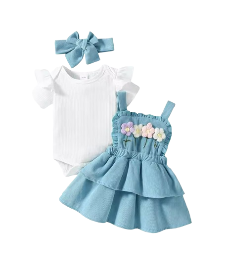 The Alara - Newborn Baby Girl Summer Romper Skirt Headband Crochet Flower Set 3PCS