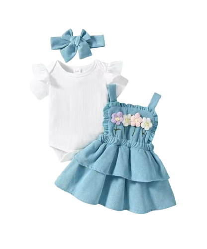 The Alara - Newborn Baby Girl Summer Romper Skirt Headband Crochet Flower Set 3PCS