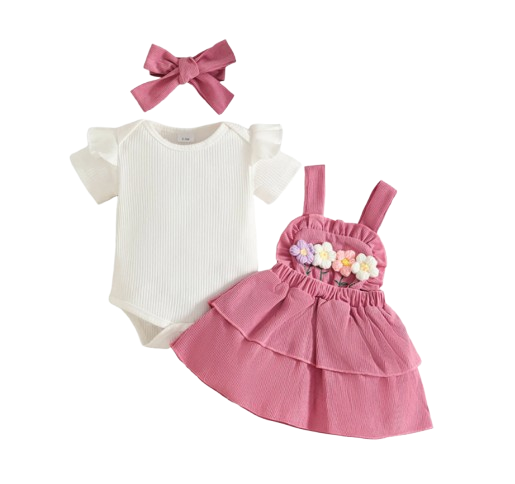 The Alara - Newborn Baby Girl Summer Romper Skirt Headband Crochet Flower Set 3PCS