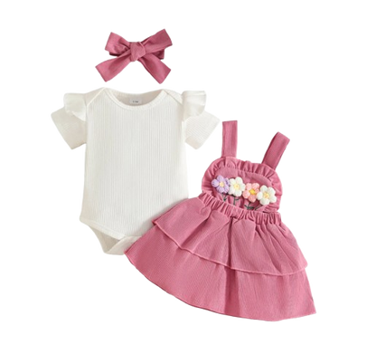 The Alara - Newborn Baby Girl Summer Romper Skirt Headband Crochet Flower Set 3PCS