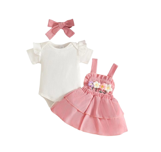 The Alara - Newborn Baby Girl Summer Romper Skirt Headband Crochet Flower Set 3PCS