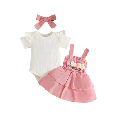 The Alara - Newborn Baby Girl Summer Romper Skirt Headband Crochet Flower Set 3PCS