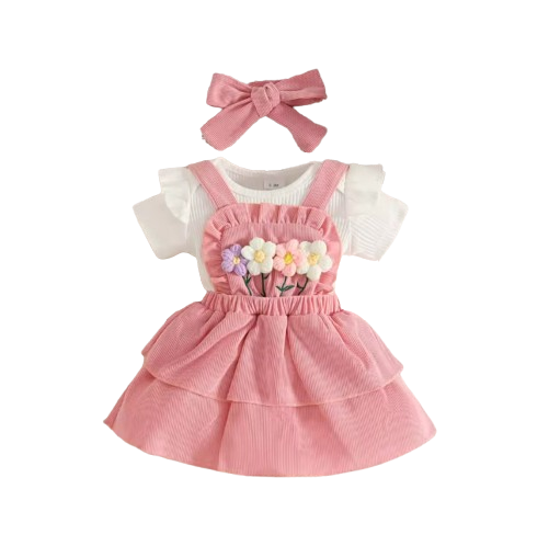 The Alara - Newborn Baby Girl Summer Romper Skirt Headband Crochet Flower Set 3PCS