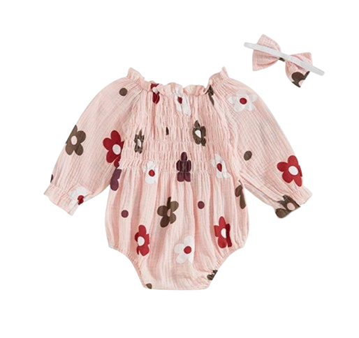 The Eileen - Baby Girl Floral Ruffle Bodysuit & Bow Headband Autumn Outfit 2PCS