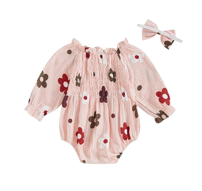 The Eileen - Baby Girl Floral Ruffle Bodysuit & Bow Headband Autumn Outfit 2PCS