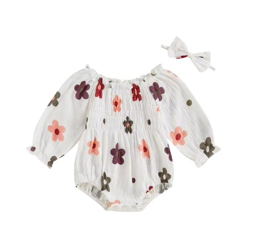 The Eileen - Baby Girl Floral Ruffle Bodysuit & Bow Headband Autumn Outfit 2PCS