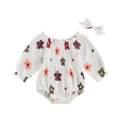 The Eileen - Baby Girl Floral Ruffle Bodysuit & Bow Headband Autumn Outfit 2PCS