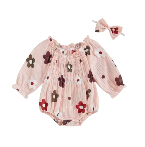 The Eileen - Baby Girl Floral Ruffle Bodysuit & Bow Headband Autumn Outfit 2PCS