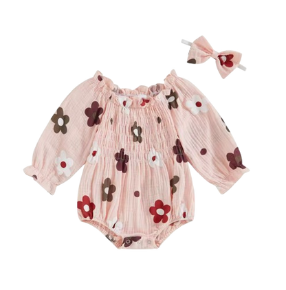 The Eileen - Baby Girl Floral Ruffle Bodysuit & Bow Headband Autumn Outfit 2PCS
