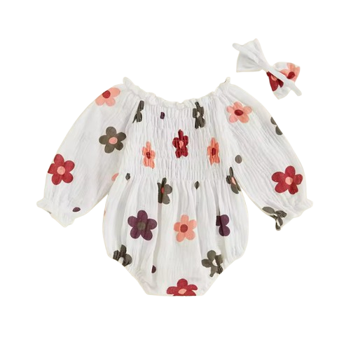 The Eileen - Baby Girl Floral Ruffle Bodysuit & Bow Headband Autumn Outfit 2PCS