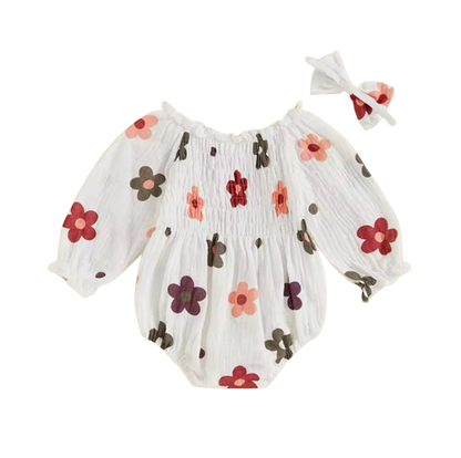 The Eileen - Baby Girl Floral Ruffle Bodysuit & Bow Headband Autumn Outfit 2PCS