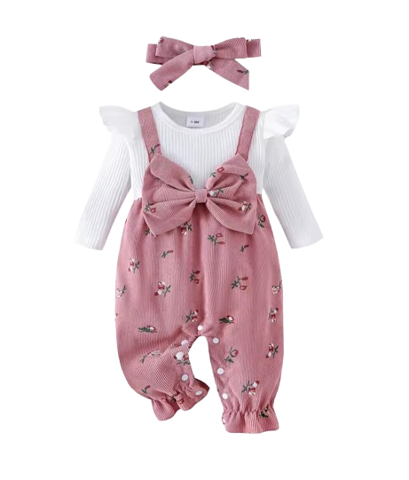 The Gloria - Baby Girl Floral Patchwork Romper & Bow Headband Autumn Outfit 2PCS
