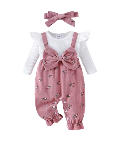 The Gloria - Baby Girl Floral Patchwork Romper & Bow Headband Autumn Outfit 2PCS