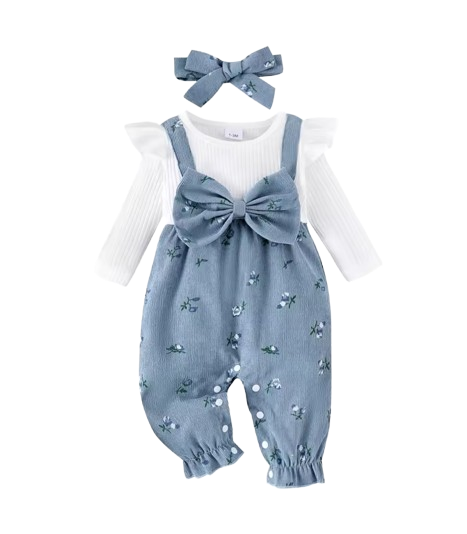The Gloria - Baby Girl Floral Patchwork Romper & Bow Headband Autumn Outfit 2PCS