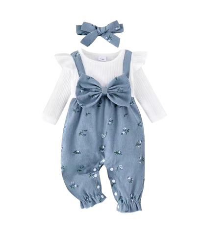 The Gloria - Baby Girl Floral Patchwork Romper & Bow Headband Autumn Outfit 2PCS