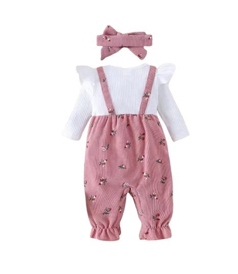 The Gloria - Baby Girl Floral Patchwork Romper & Bow Headband Autumn Outfit 2PCS
