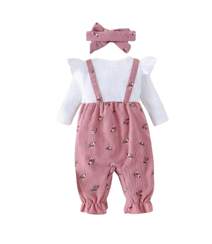 The Gloria - Baby Girl Floral Patchwork Romper & Bow Headband Autumn Outfit 2PCS