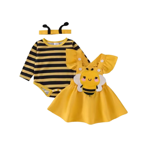The Miranda - Baby Girl 3PCS Bee Embroidered Romper Suspender Dress & Headband