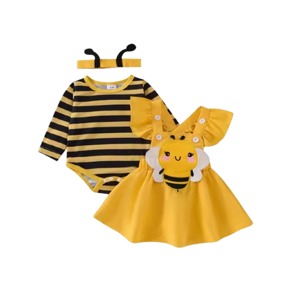 The Miranda - Baby Girl 3PCS Bee Embroidered Romper Suspender Dress & Headband