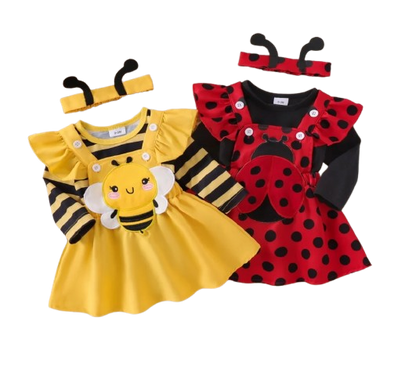 The Miranda - Baby Girl 3PCS Bee Embroidered Romper Suspender Dress & Headband