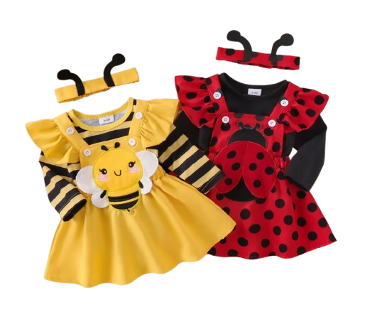 The Miranda - Baby Girl 3PCS Bee Embroidered Romper Suspender Dress & Headband