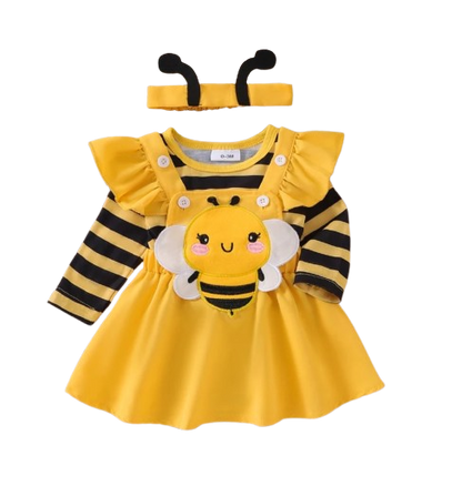 The Miranda - Baby Girl 3PCS Bee Embroidered Romper Suspender Dress & Headband