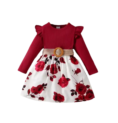 The Aleena - Girls Red Floral Party Dress Long Sleeve Birthday Wedding Outfit