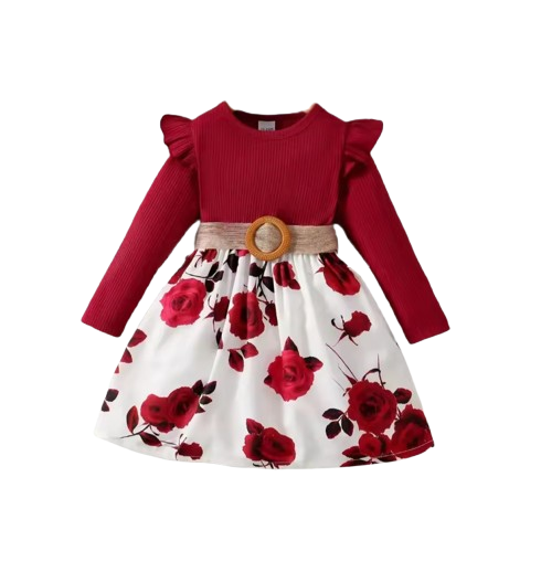 The Aleena - Girls Red Floral Party Dress Long Sleeve Birthday Wedding Outfit