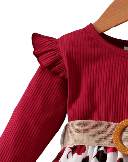 The Aleena - Girls Red Floral Party Dress Long Sleeve Birthday Wedding Outfit
