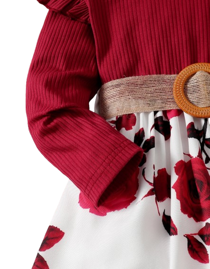 The Aleena - Girls Red Floral Party Dress Long Sleeve Birthday Wedding Outfit