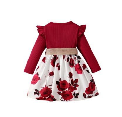 The Aleena - Girls Red Floral Party Dress Long Sleeve Birthday Wedding Outfit