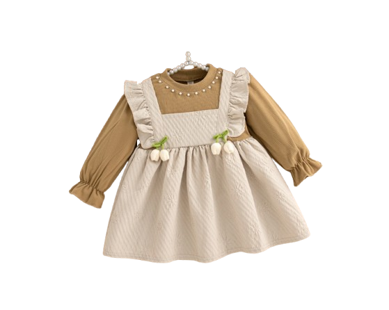 The Noor - Toddler Girl Floral Knit Dress Long Sleeve Bow Pearl Party Outfit