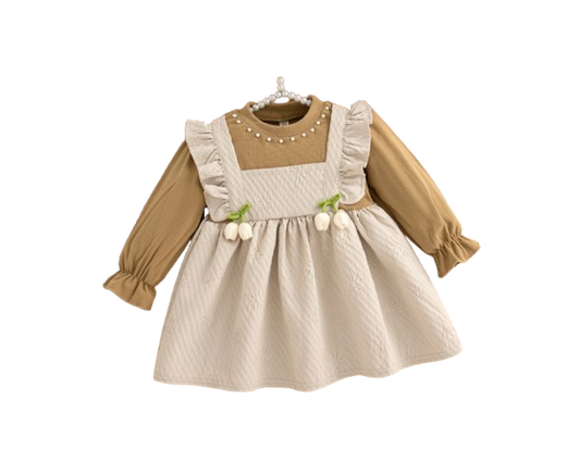 The Noor - Toddler Girl Floral Knit Dress Long Sleeve Bow Pearl Party Outfit