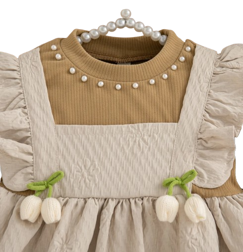 The Noor - Toddler Girl Floral Knit Dress Long Sleeve Bow Pearl Party Outfit