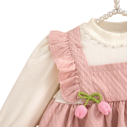 The Noor - Toddler Girl Floral Knit Dress Long Sleeve Bow Pearl Party Outfit
