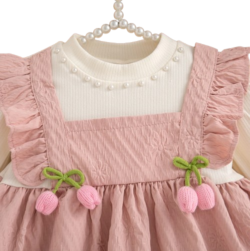 The Noor - Toddler Girl Floral Knit Dress Long Sleeve Bow Pearl Party Outfit
