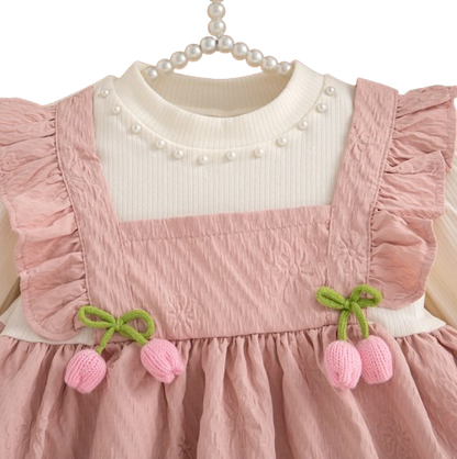 The Noor - Toddler Girl Floral Knit Dress Long Sleeve Bow Pearl Party Outfit