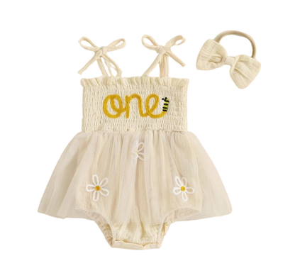 The Myra - Baby Girl Embroidered Romper Dress & Bow Headband Summer Outfit